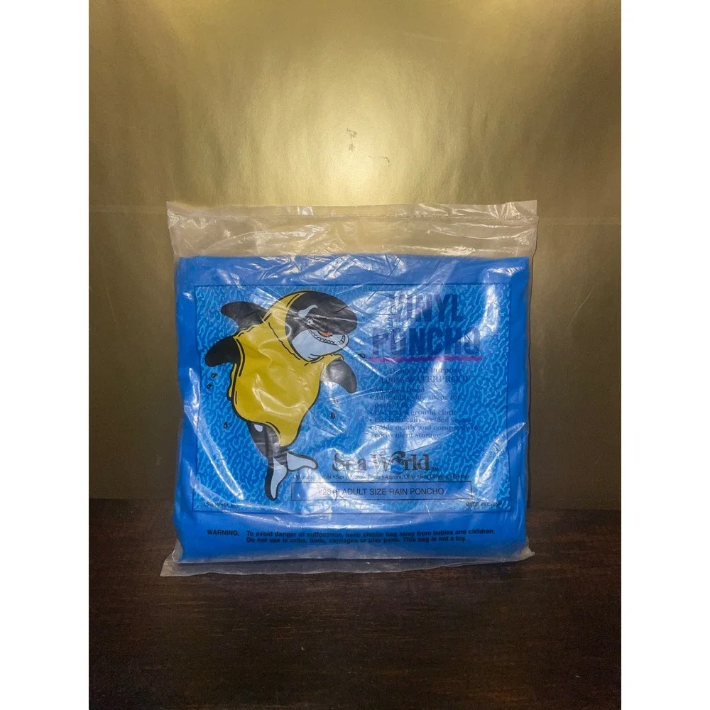 Sea World Adult Size Vinyl Hood Rain Poncho‎ Blue New